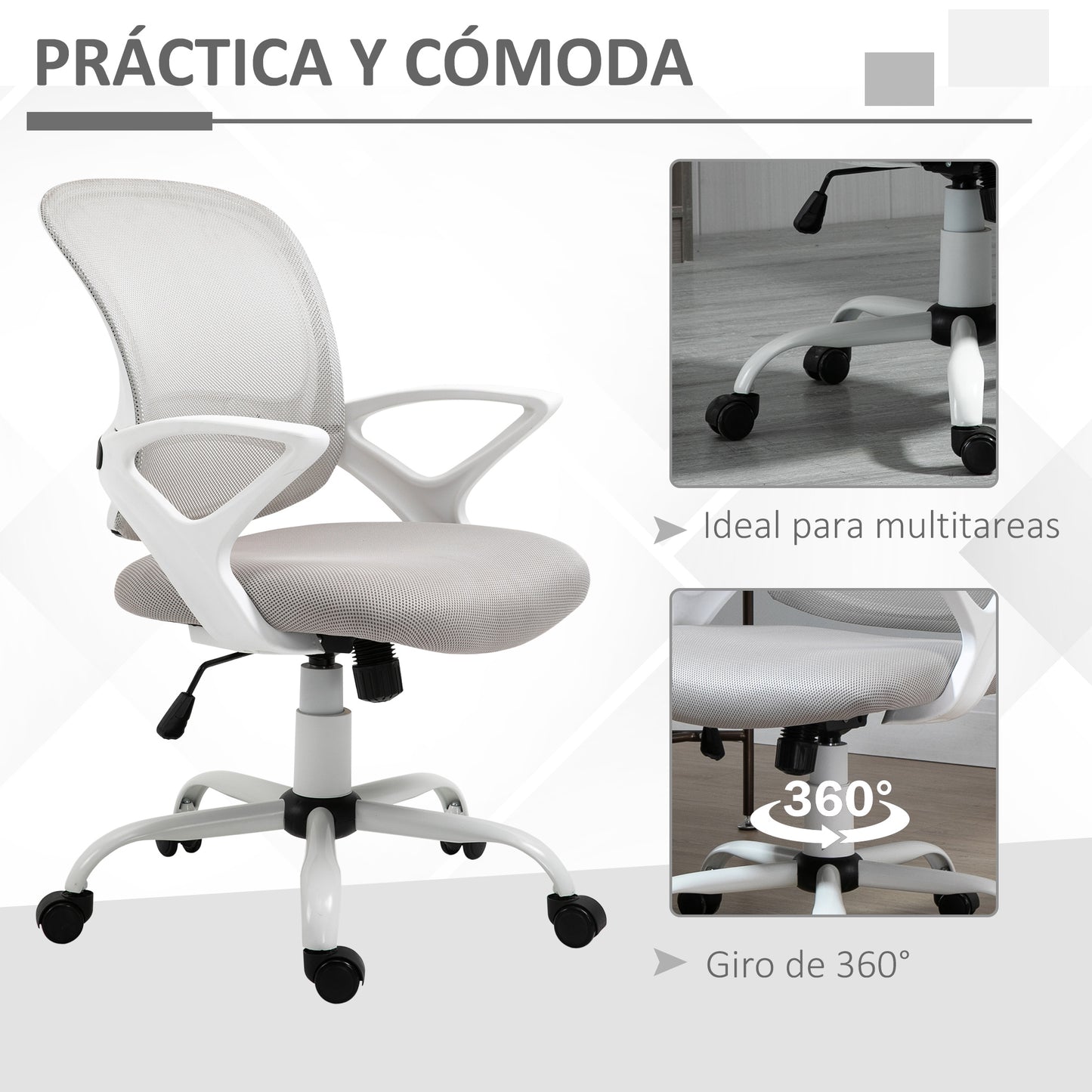 Vinsetto Silla de Oficina Silla de Escritorio Basculante con Altura Ajustable Asiento Giratorio 360° y Soporte Lumbar Malla Transpirable 61x61x89-99 cm Gris