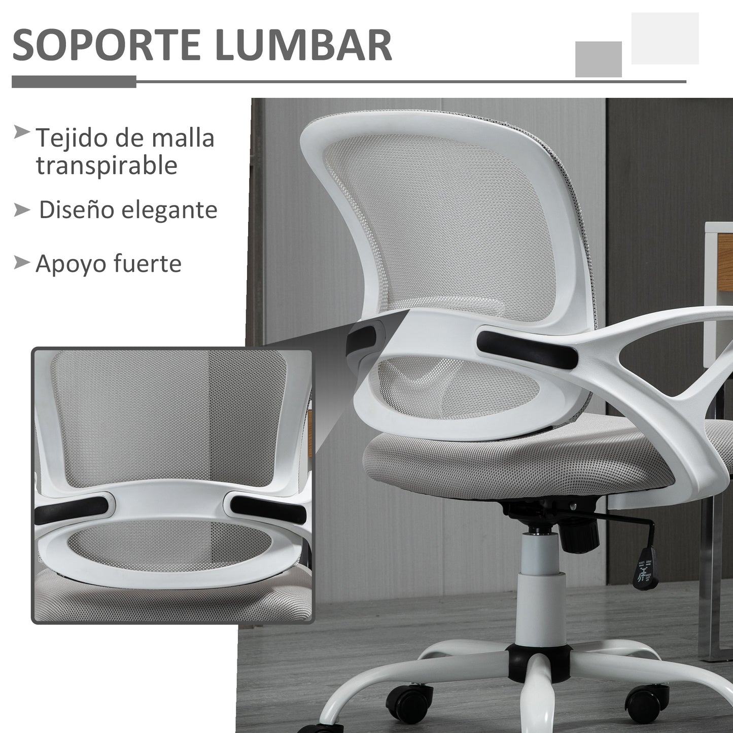 Vinsetto Silla de Oficina Silla de Escritorio Basculante con Altura Ajustable Asiento Giratorio 360° y Soporte Lumbar Malla Transpirable 61x61x89-99 cm Gris