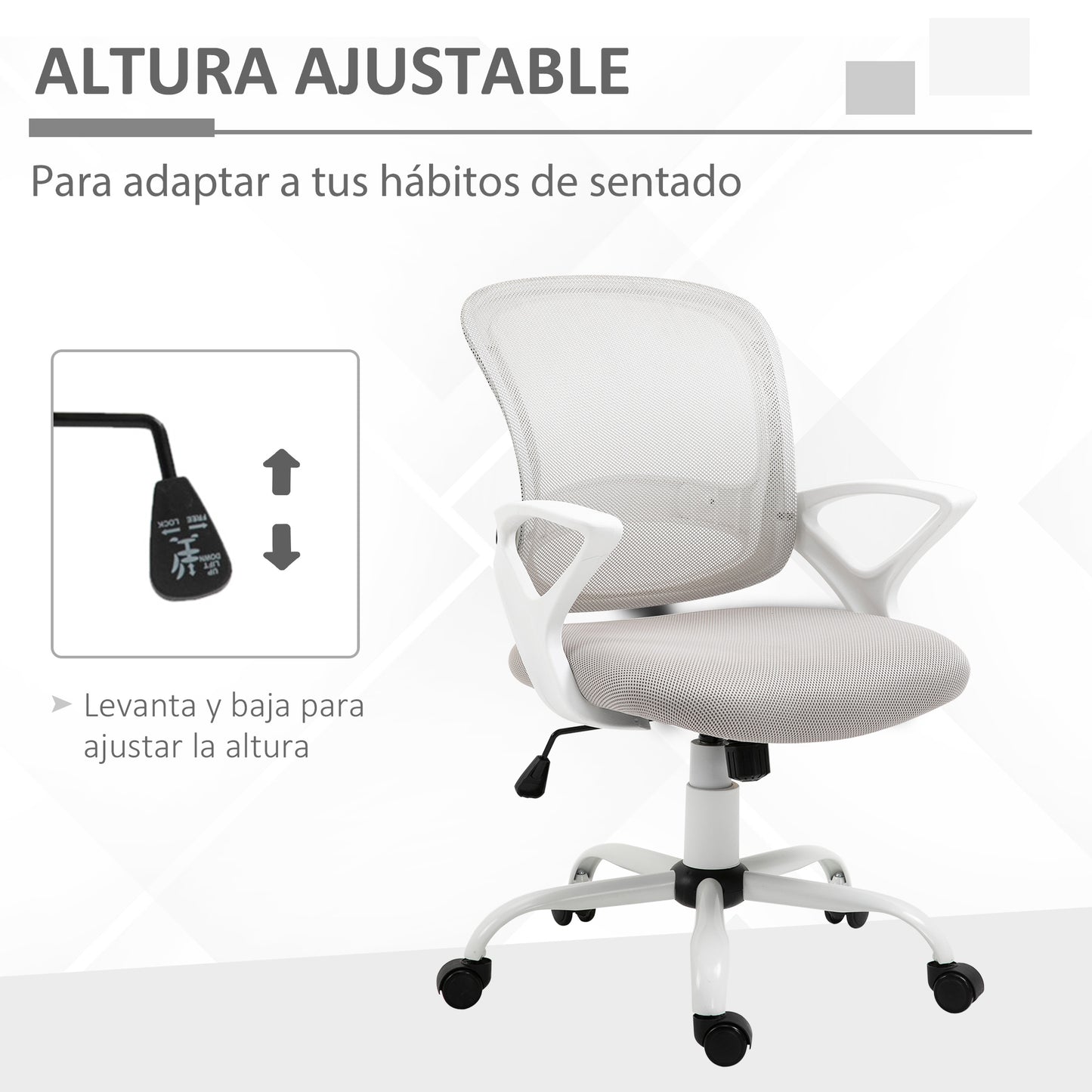 Vinsetto Silla de Oficina Silla de Escritorio Basculante con Altura Ajustable Asiento Giratorio 360° y Soporte Lumbar Malla Transpirable 61x61x89-99 cm Gris