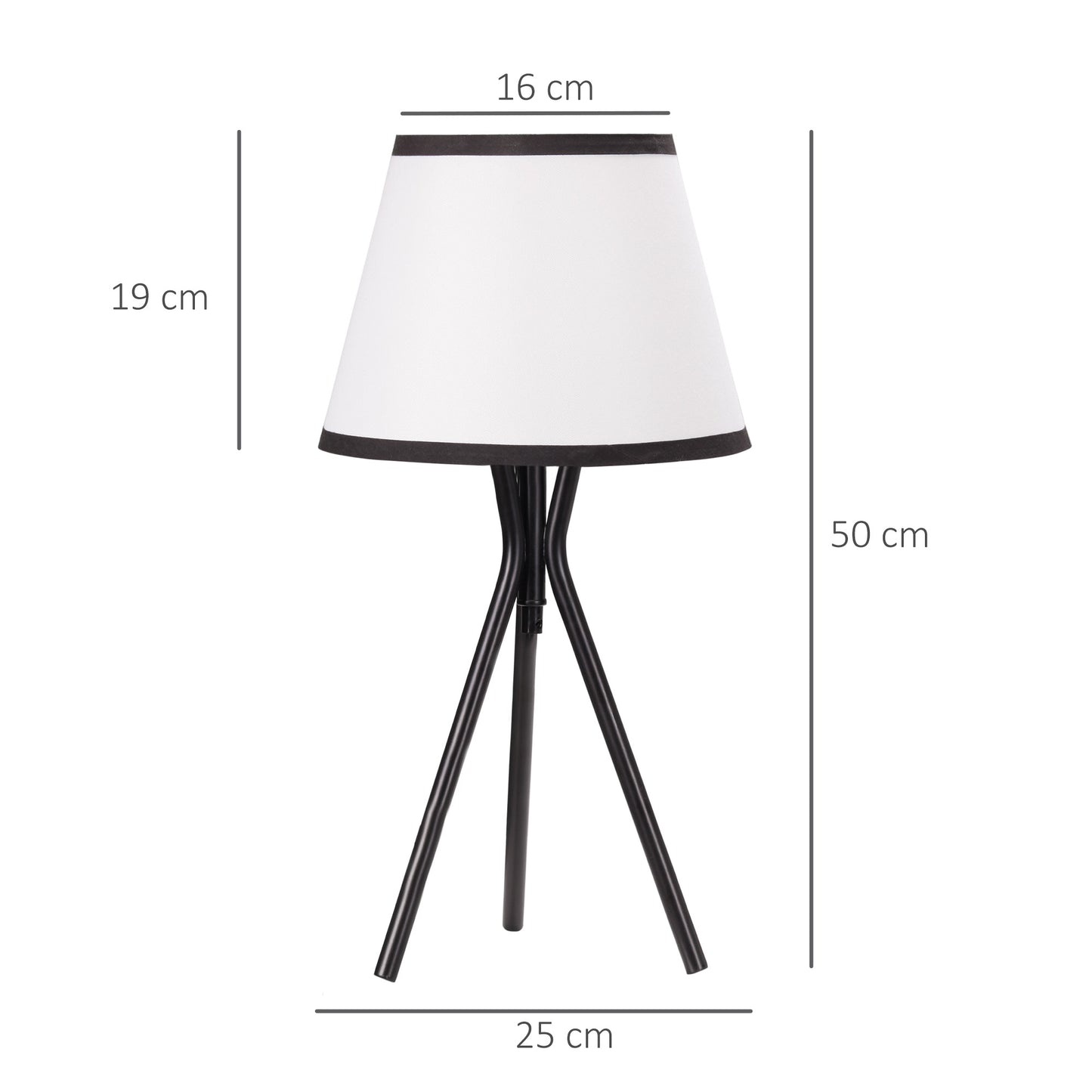 HOMCOM Lámpara de Mesa con Trípode de Metal Lámpara de Escritorio con Pantalla de Tela y Casquillo E27 Máx. 40W Estilo Moderno para Dormitorio Salón Ø25x50 cm Blanco y Negro