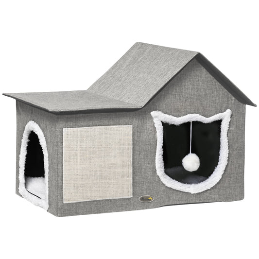 Pawhut Caseta para Gatos Casa para Gatos Interior Cama Cueva para Gatos con Almohadilla para Rascar Cojín Suave y Bola Colgante 65x41x45,5 cm Gris