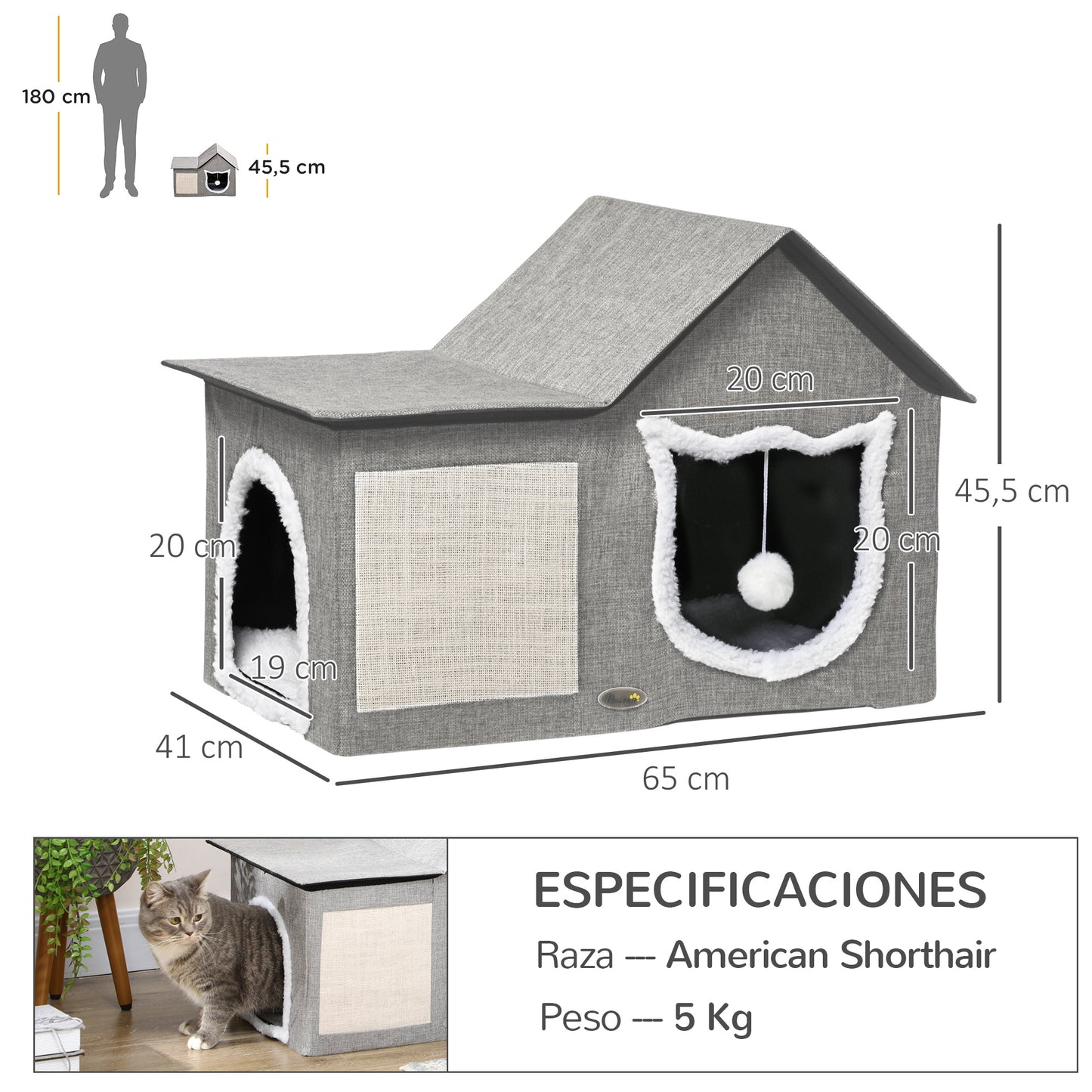 Pawhut Caseta para Gatos Casa para Gatos Interior Cama Cueva para Gatos con Almohadilla para Rascar Cojín Suave y Bola Colgante 65x41x45,5 cm Gris