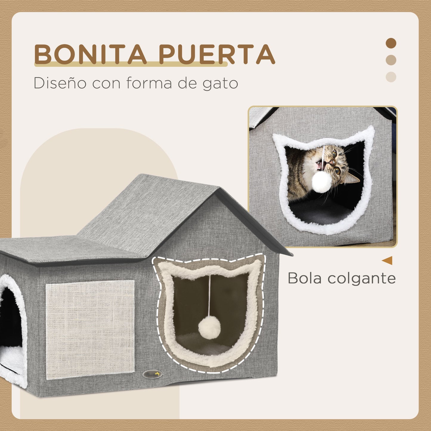 Pawhut Caseta para Gatos Casa para Gatos Interior Cama Cueva para Gatos con Almohadilla para Rascar Cojín Suave y Bola Colgante 65x41x45,5 cm Gris