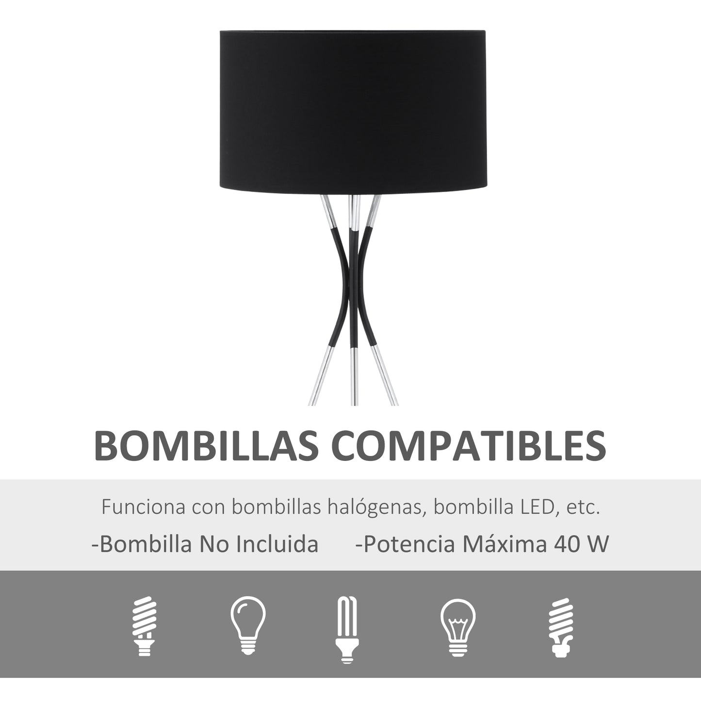 HOMCOM Lámpara de Pie con Trípode de Metal Pantalla de Tela E27 Máx. 40W e Interruptor de Pie Estilo Moderno para Salón Dormitorio Oficina 73x73x146 cm Negro