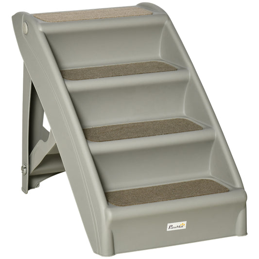 PawHut Escalera Plegable para Mascotas de 4 Peldaños Escalón para Perros Gatos Portátil con Alfombras Antideslizantes para Cama Sofá Carga 20 kg 62x38x49,5 cm Gris