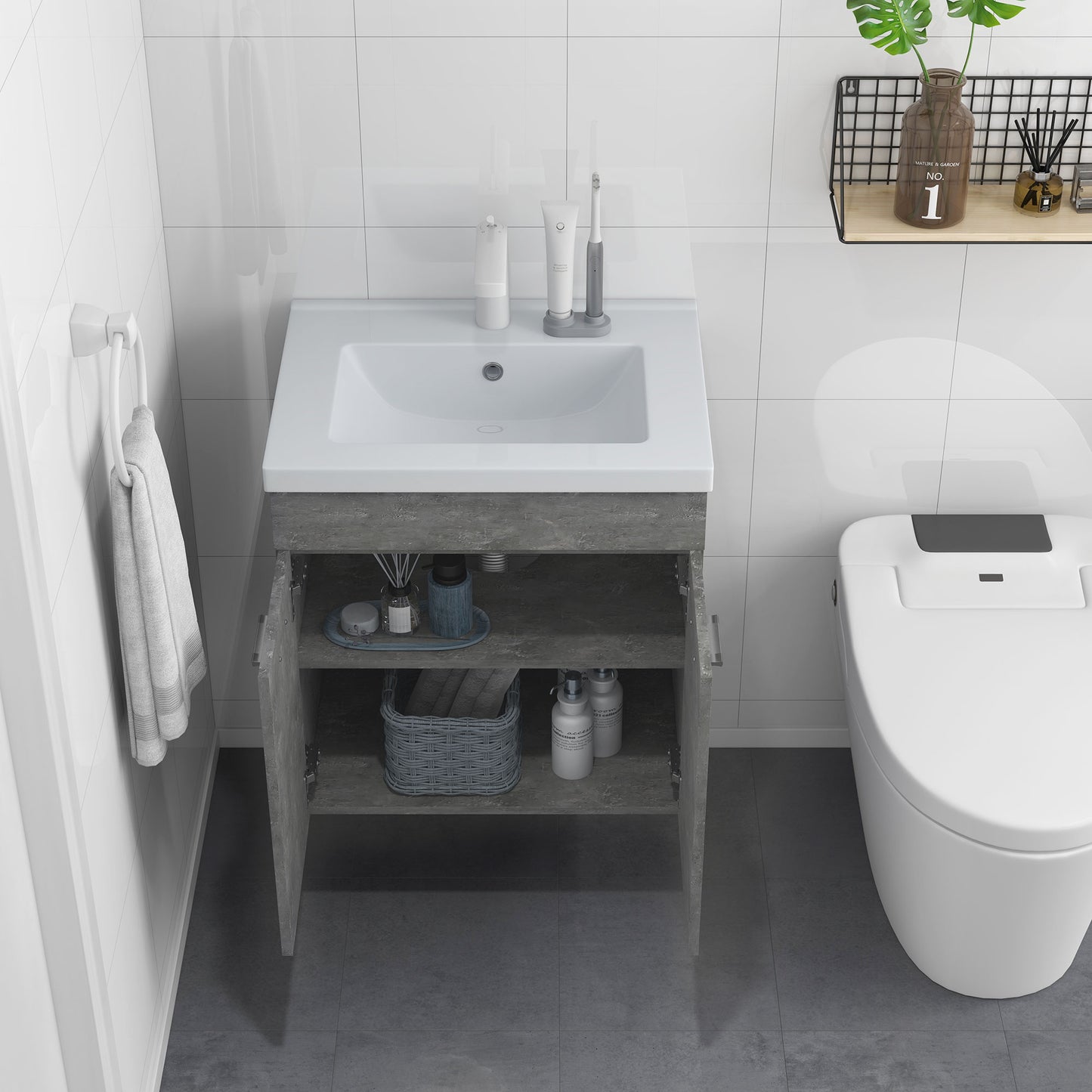 kleankin Mueble de Baño con Lavabo Cerámico Armario Bajo de Lavabo de Pared con 2 Puertas y Estante Ajustable Acabado Melamina 60x45,5x60 cm Gris