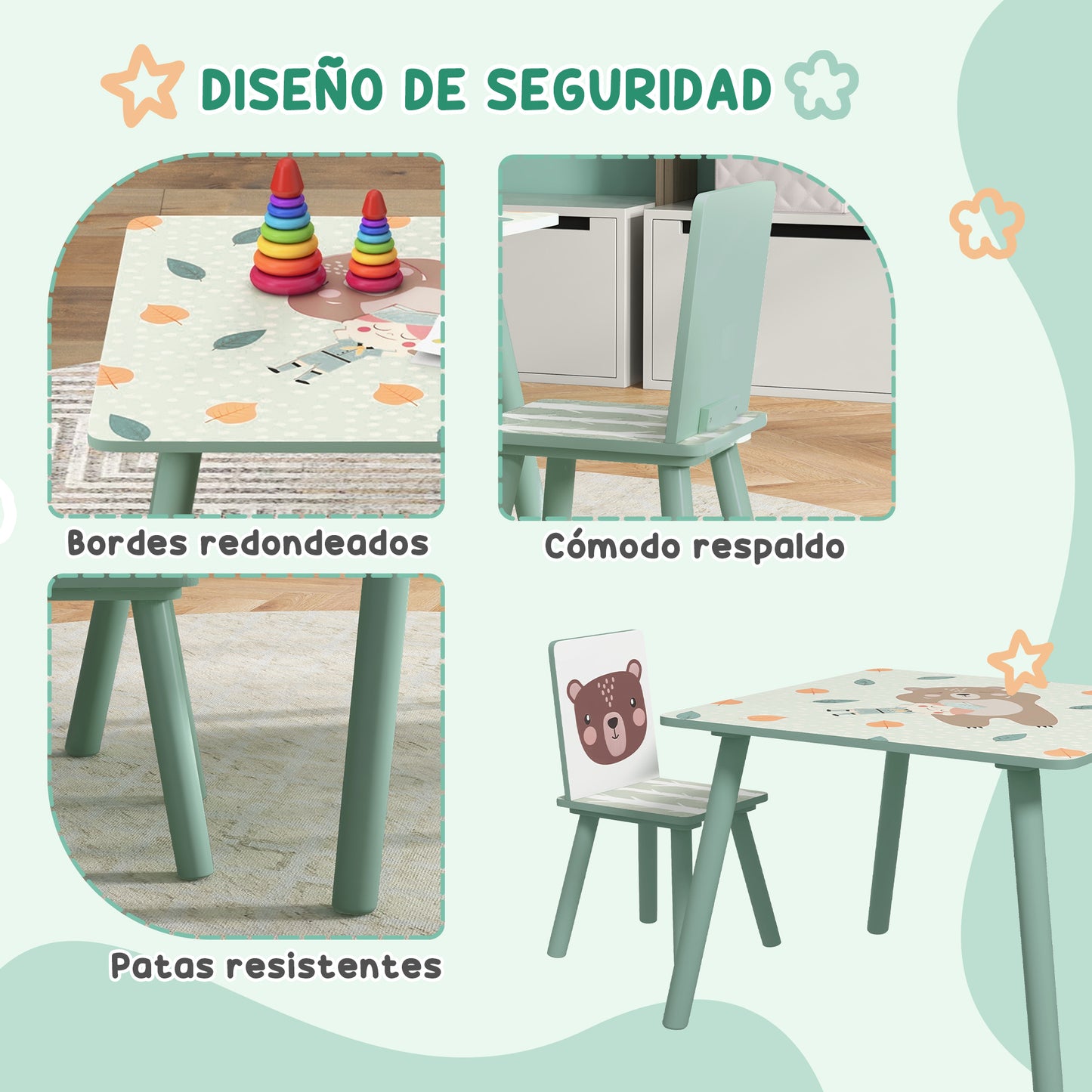 ZONEKIZ Mesa y Sillas Infantiles de 3 Piezas Mesa Infantil con 2 Sillas Juego de Muebles para Actividades para Niños de 3-8 Años para Dormitorio Sala de Juegos Verde