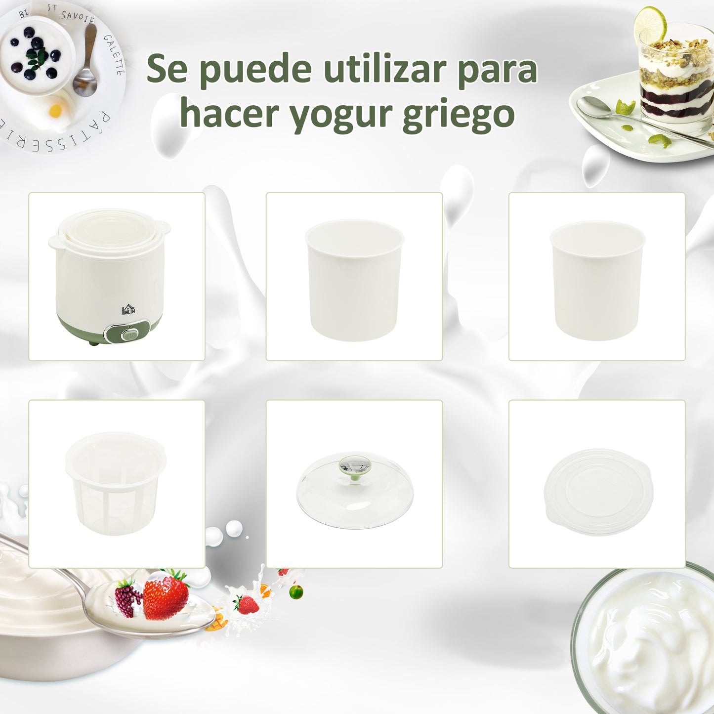 HOMCOM Yogurtera 20 W 1,5L Máquina de Yogur para Hacer Yogur Griego con Filtro Indicador de Encendido y Calentamiento a Temperatura Constante PTC 19,5x17,5x21,4 cm Blanco