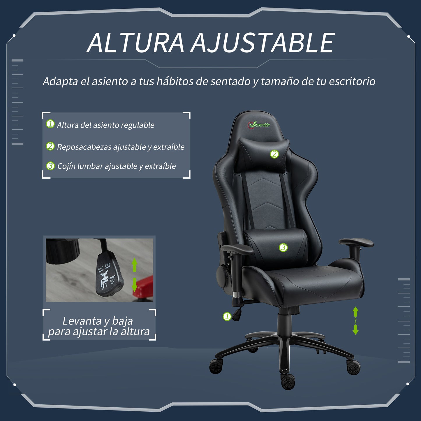 Vinsetto Silla Gaming Giratoria Silla Gamer Reclinable Tapizado en Cuero Sintético Altura Ajustable con Reposabrazos 2D Regulable Reposacabezas y Cojín Lumbar 73x71x128-136 cm Negro