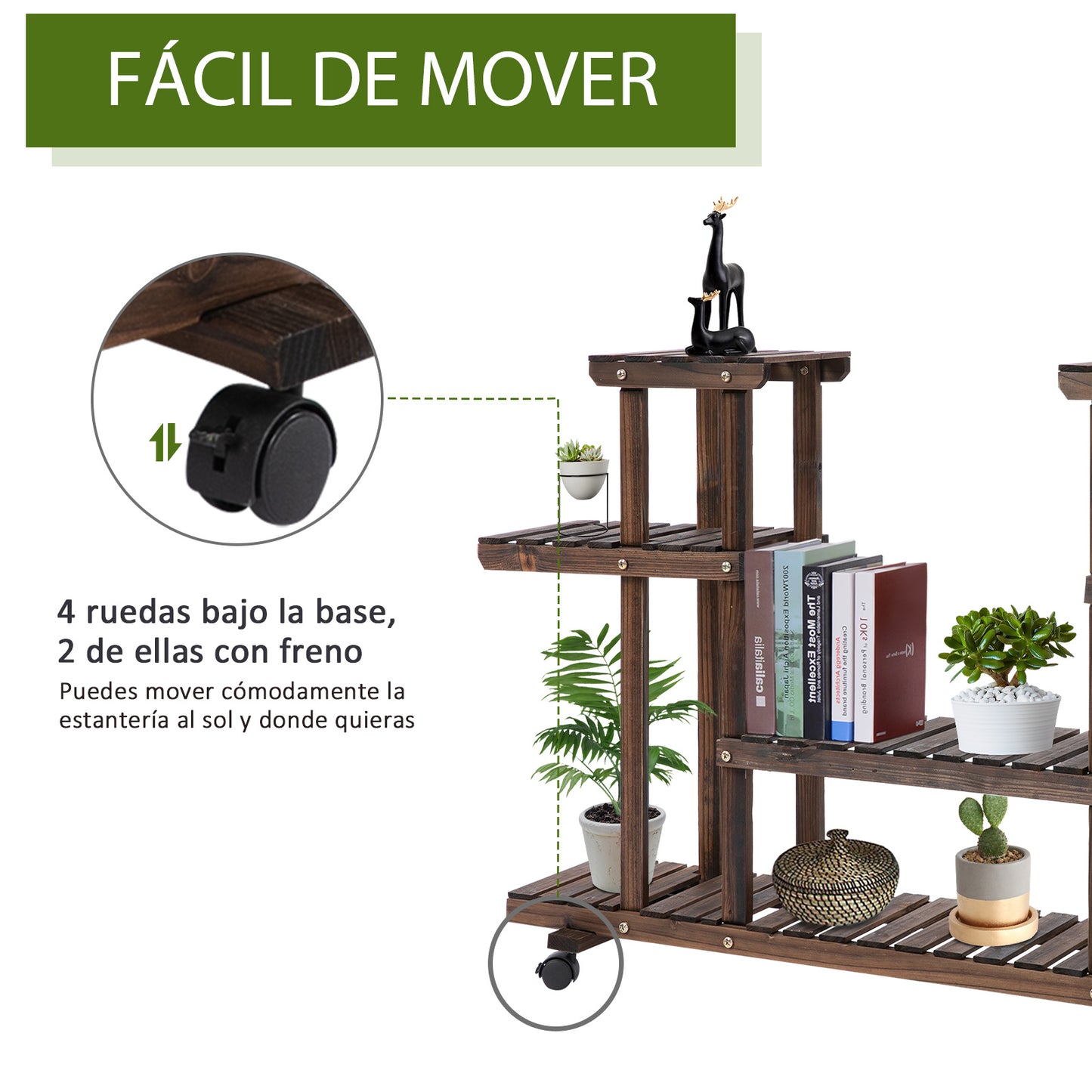 Outsunny Estantería para Plantas de 4 Niveles con Ruedas Soporte para Macetas Soporte para Plantas para Interiores y Exteriores Terraza Jardín Balcón 123,5x33x80 cm Marrón